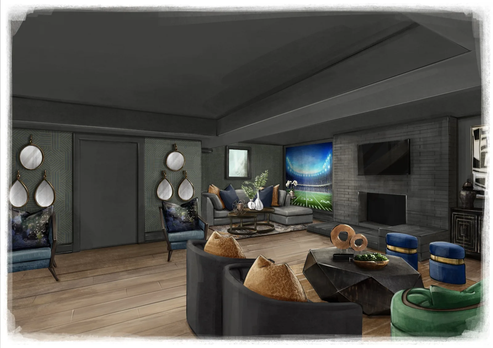 Concept rendering for Atlanta basement lounge with seating, fireplace wall, artwork, and entertainment zone