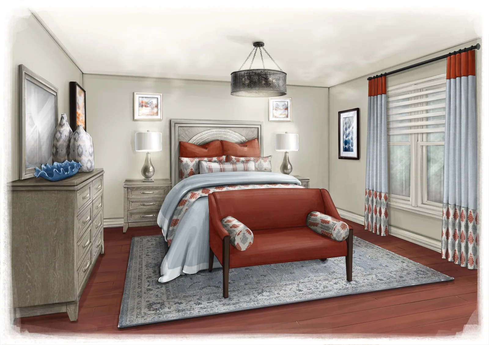 Bedroom concept rendering with custom window treatments, layered bedding, lighting, artwork, and furnishings