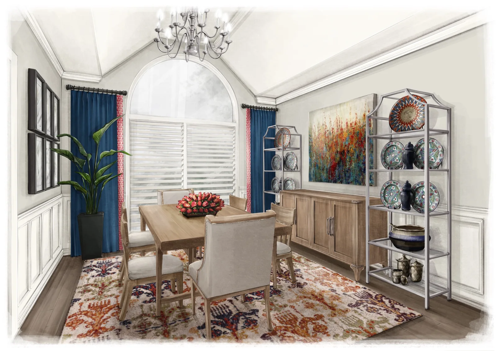 Dining room concept rendering with custom window treatments, art curation, statement rug, and collected objects