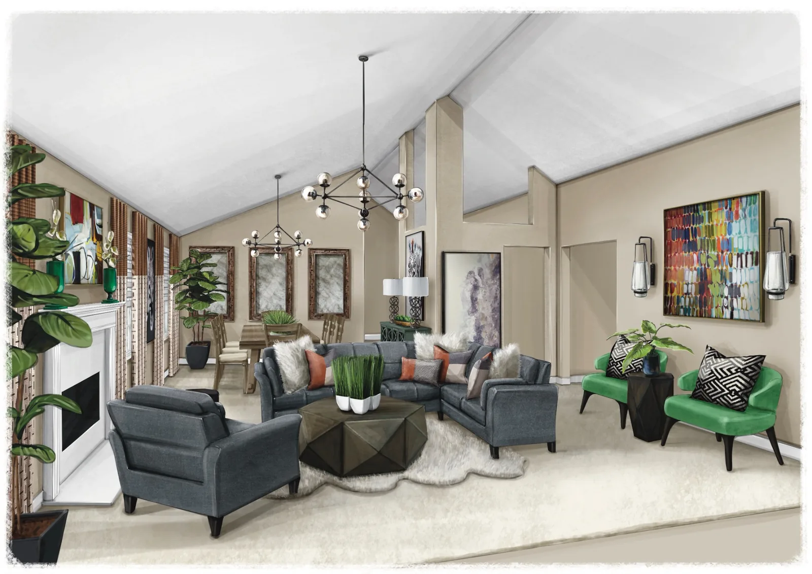 Living room concept rendering with layered furnishings, statement lighting, art placement, and modern heirloom styling