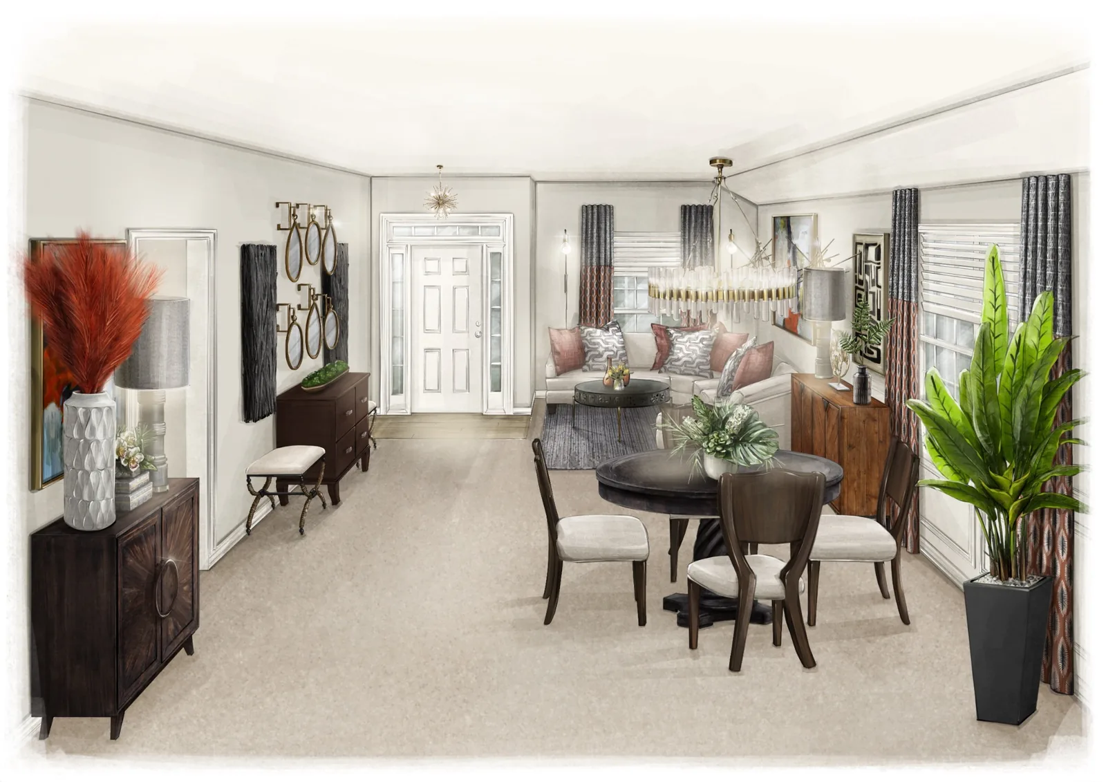 Open living and dining concept rendering with art curation, custom window treatments, layered furnishings, and decorative lighting