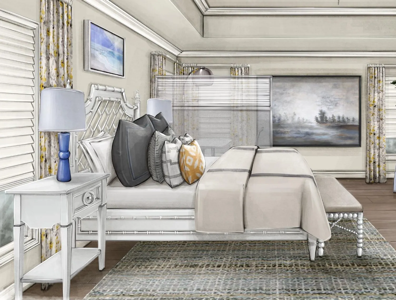 Coastal primary bedroom concept rendering by Common Craft Studio with layered bedding and custom window treatments