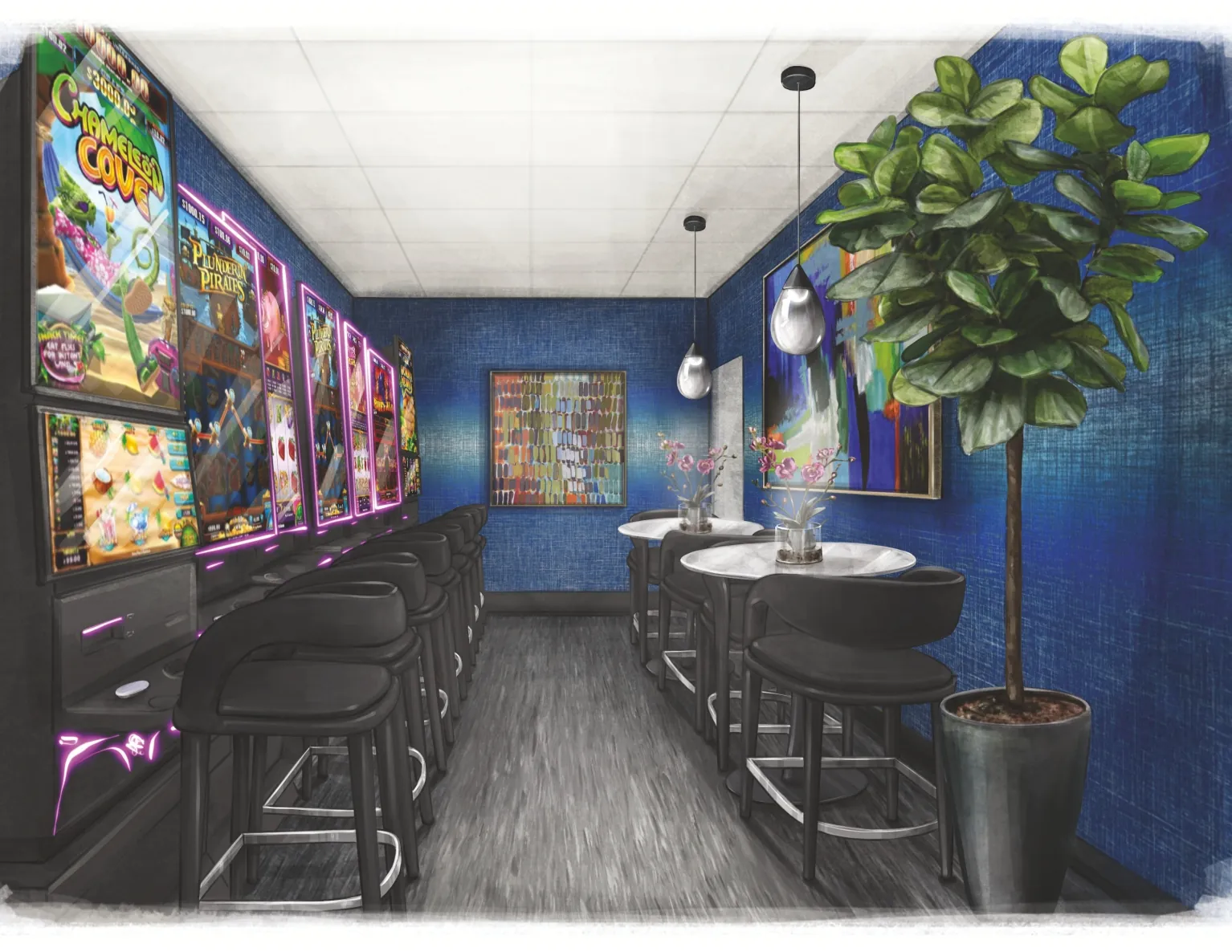 Commercial gaming lounge concept rendering with neon lit machines, bar seating, and deep blue walls