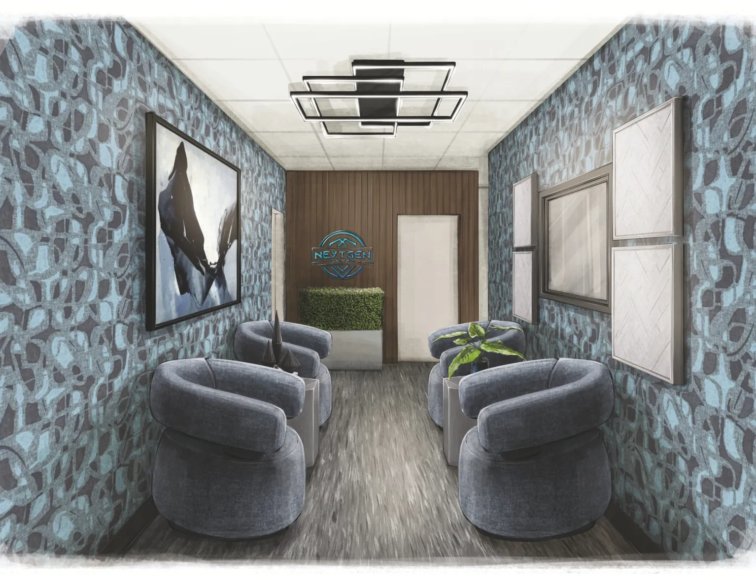 Commercial reception lobby concept rendering with branded logo wall, swivel seating, and patterned carpet
