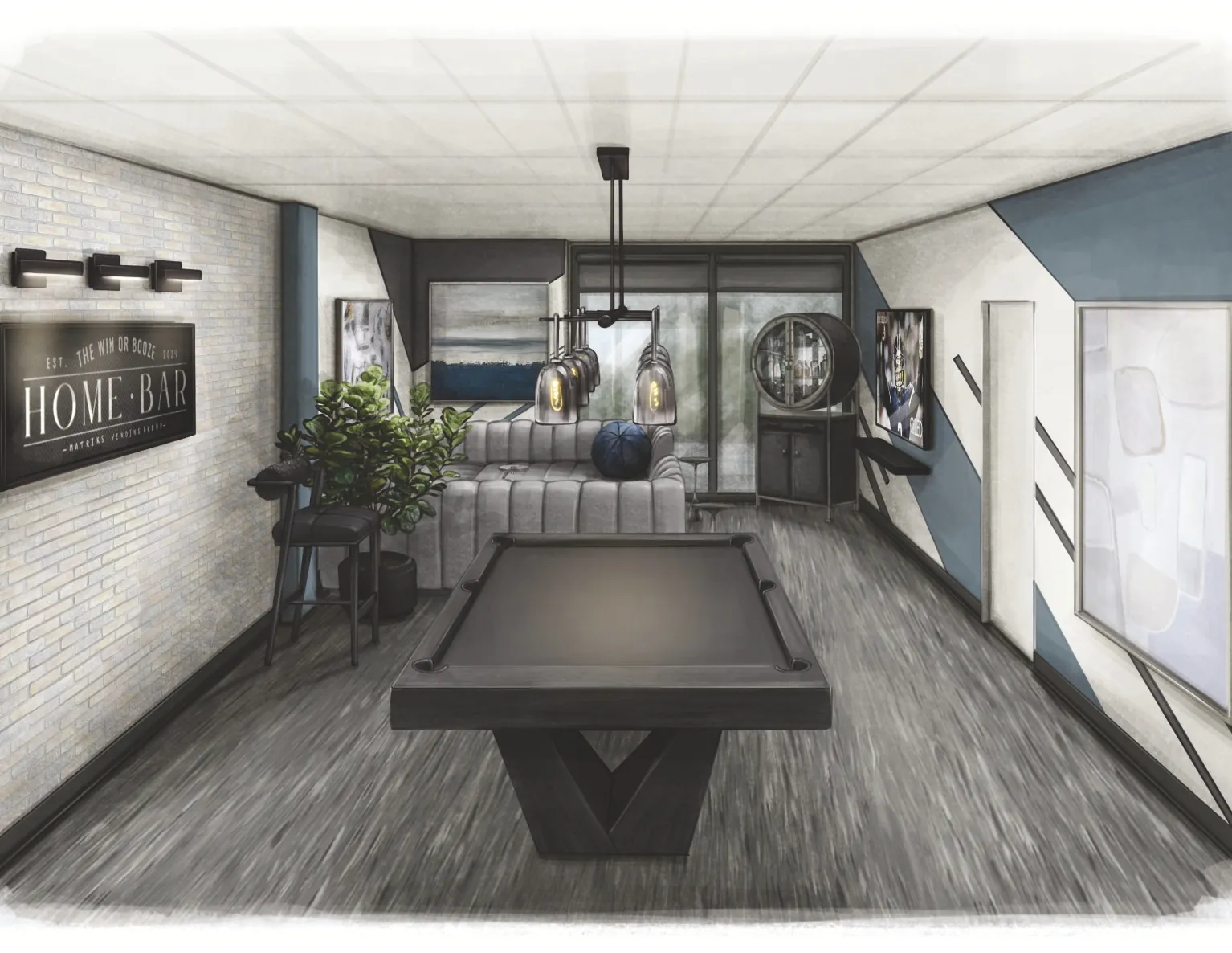 Commercial members lounge concept rendering with pool table, home bar signage, and lounge seating