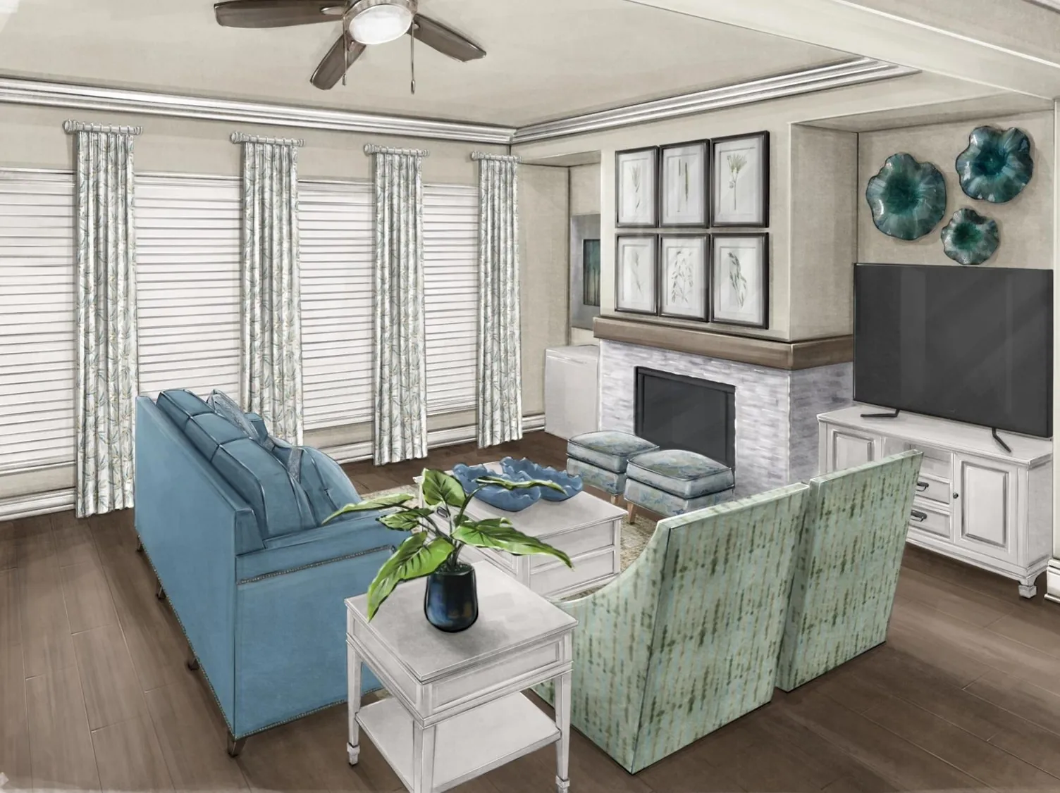 Family room concept rendering by Common Craft Studio with layered seating, custom window treatments, and fireplace wall