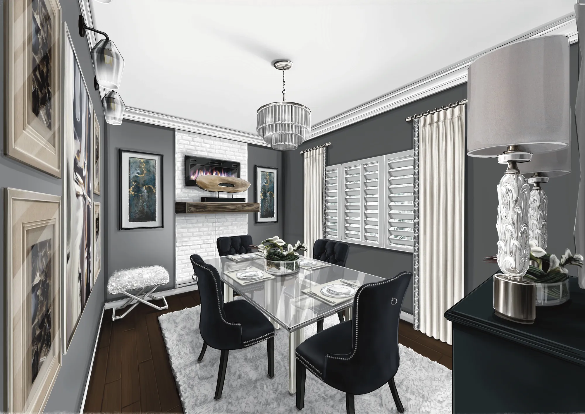 Glam dining room concept rendering by Common Craft Studio with mirrored table, tufted chairs, shutters, and drapery
