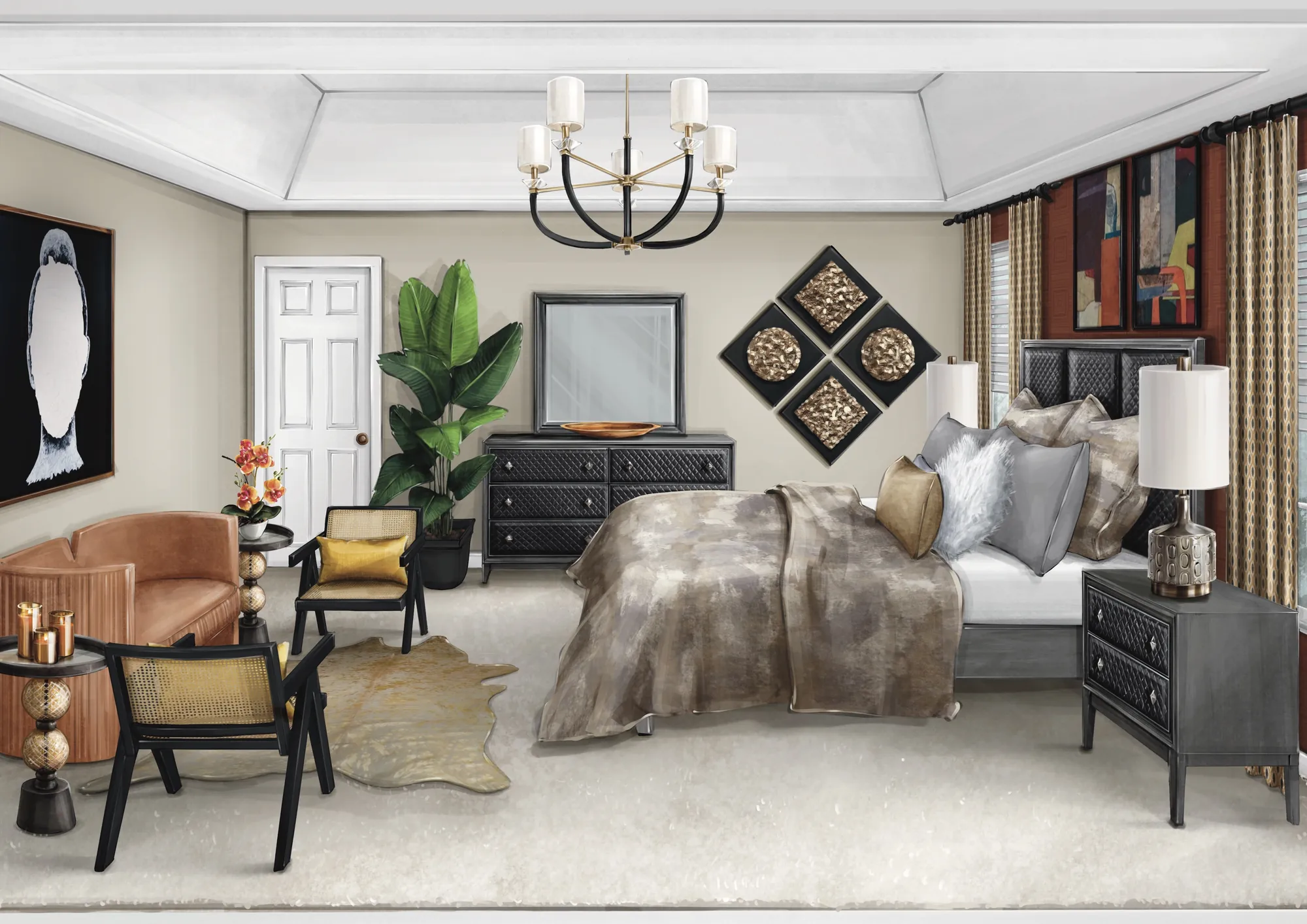 Modern primary bedroom concept rendering by Common Craft Studio with statement art, layered textiles, and drapery