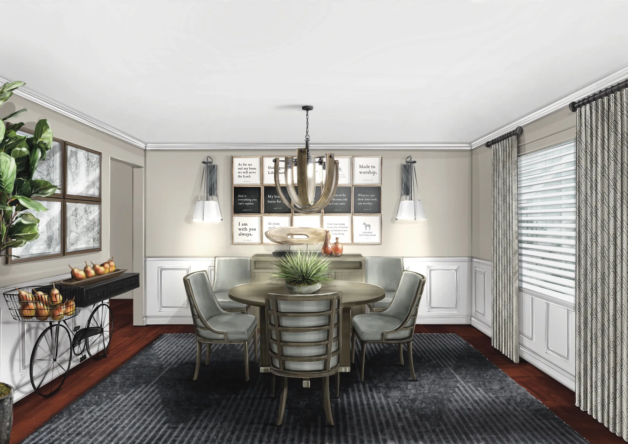 Transitional dining room concept rendering by Common Craft Studio with gallery wall, custom drapery, and layered lighting