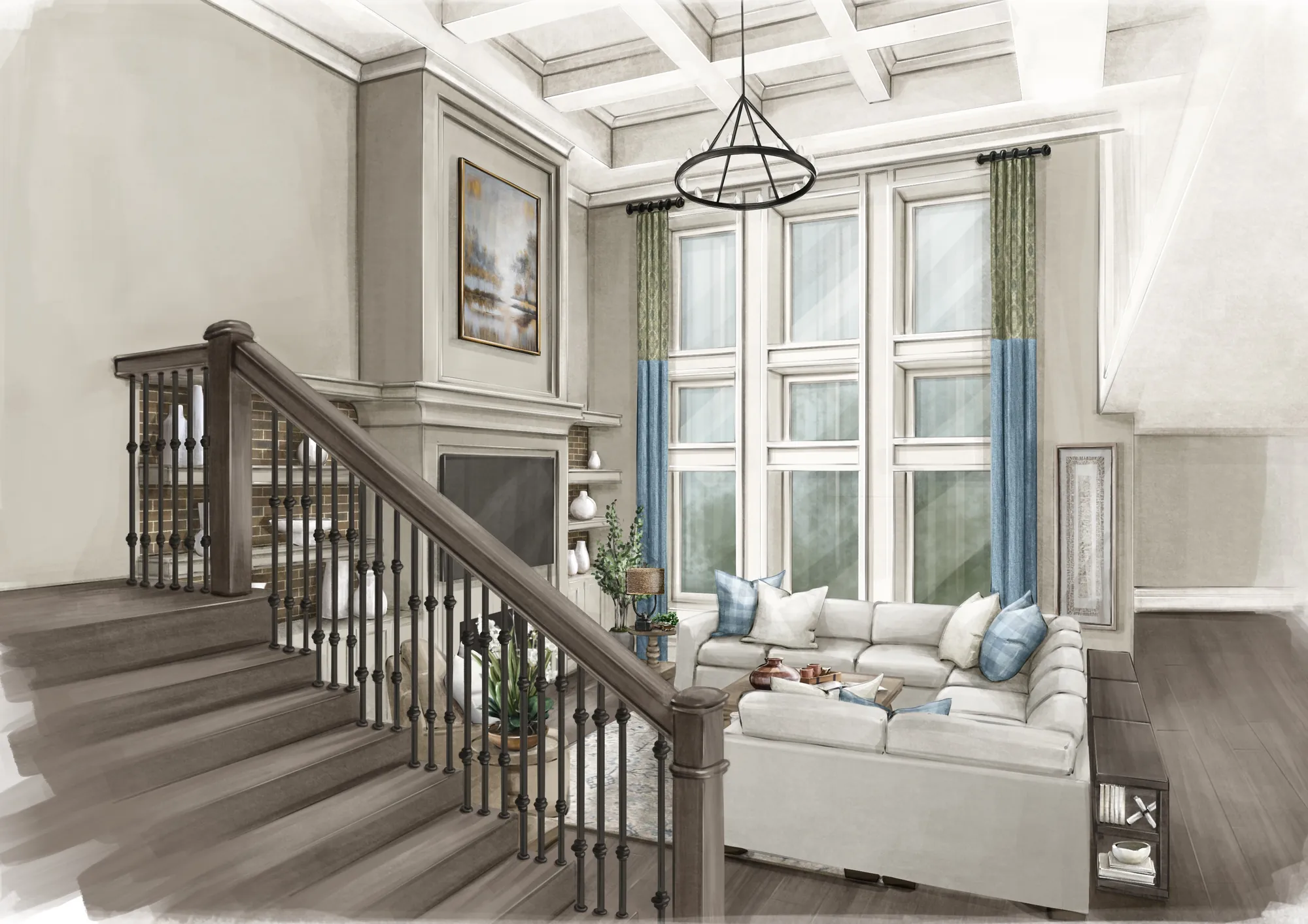 Two story great room concept rendering by Common Craft Studio with coffered ceiling and banded drapery panels