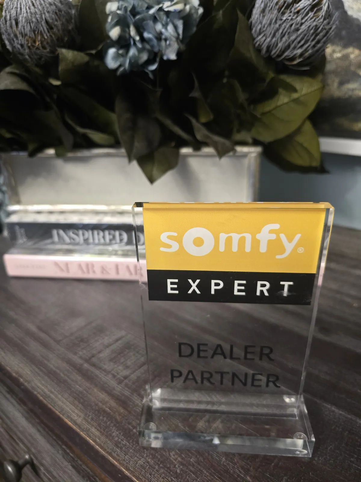 Somfy Expert Dealer Partner award displayed in the Common Craft Studio office